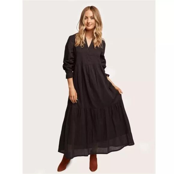 ABLE Jane Maxi Midi Dress Tiered Long Sleeve Black Cotton Fall L NWT - Picture 1 of 9
